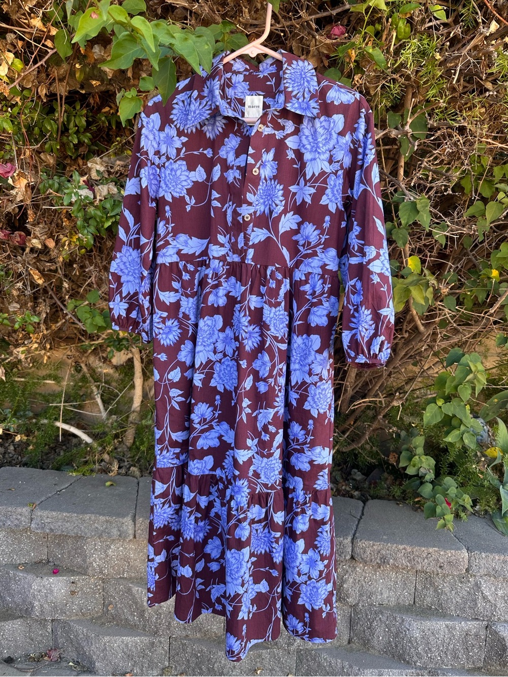 Anthropologie Maeve The Bettina Tiered Shirt Dress Maroon Blue Floral Sz XXS - Picture 3 of 14